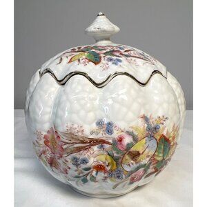 RARE Vintage Floral Porcelain Pumpkin-Shaped Decorative Jar With Lid Beautiful